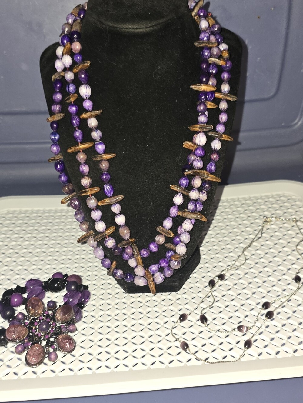 Multi-Strand Purple Beaded Necklace with Natural Accent Spacers - Picture 2 of 5